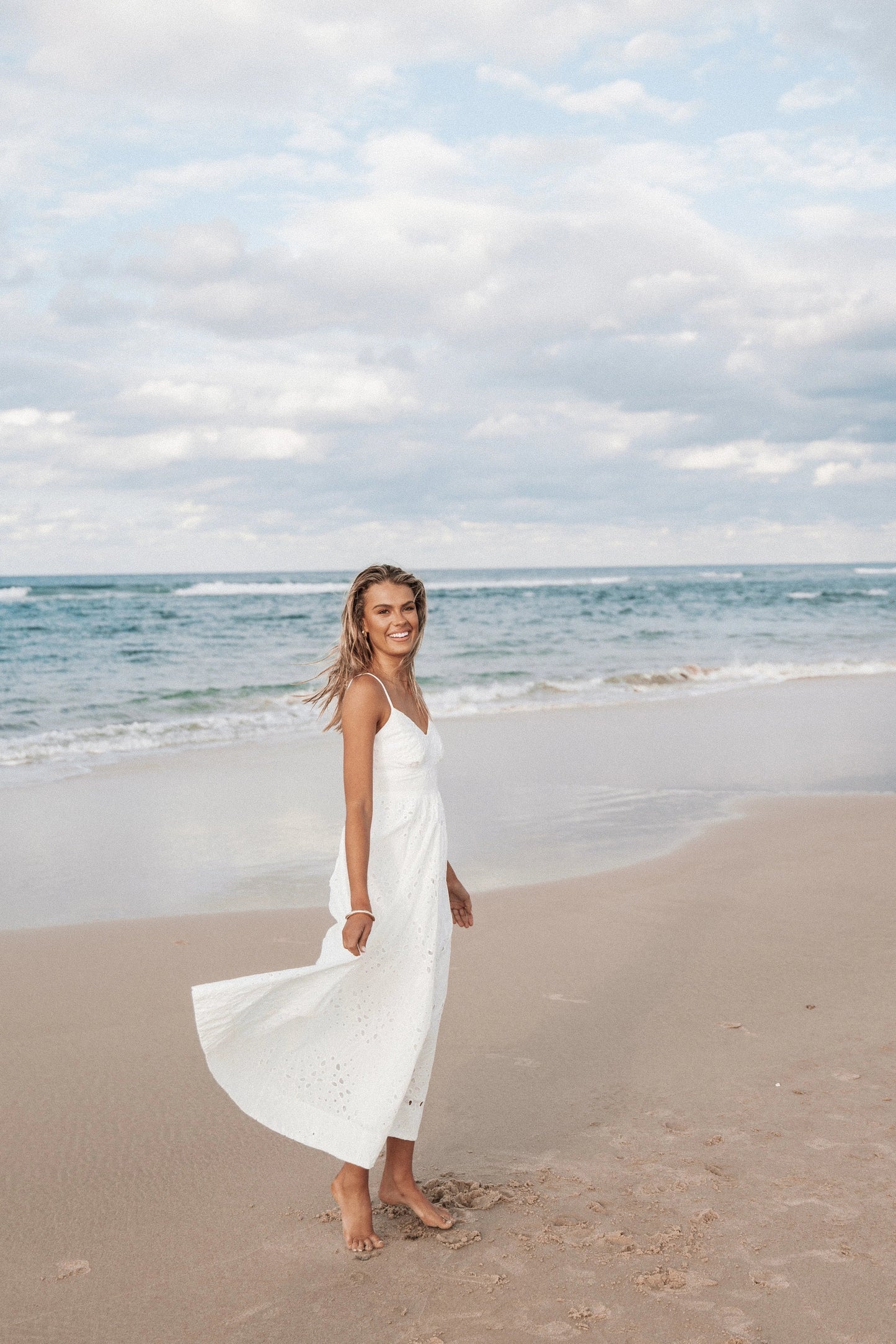Embroidered Overlay Shirred-Back Midi Dress
