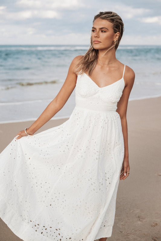 Embroidered Overlay Shirred-Back Midi Dress