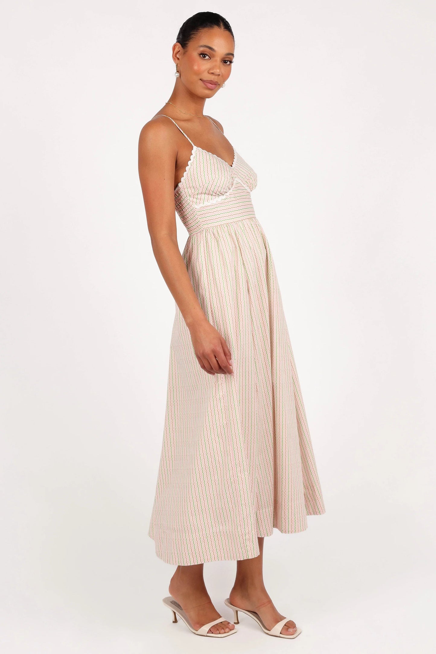 Embroidered Overlay Shirred-Back Midi Dress