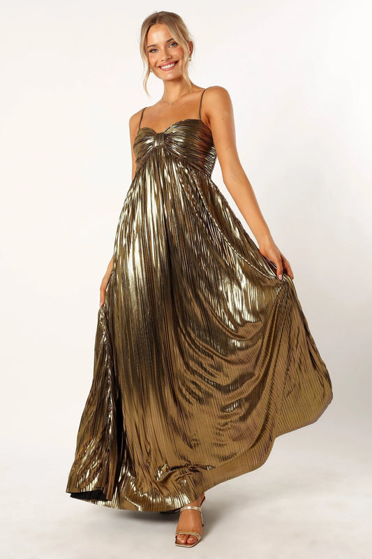 Metallic Pleated Sweetheart Maxi Dress