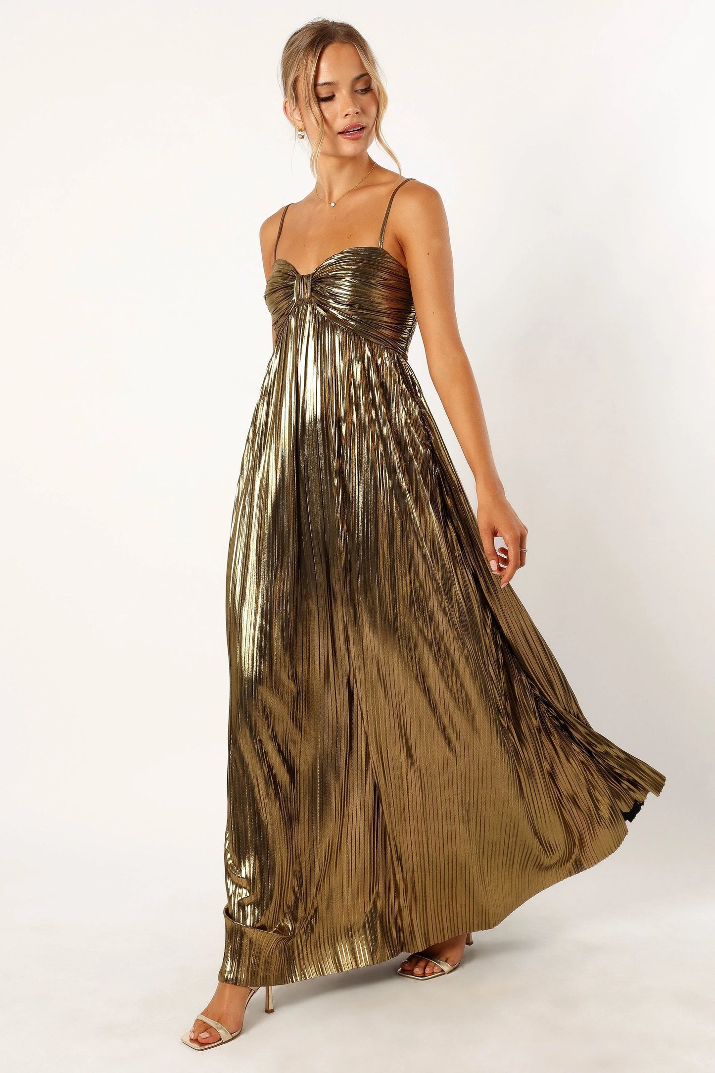 Metallic Pleated Sweetheart Maxi Dress
