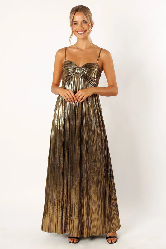 Metallic Pleated Sweetheart Maxi Dress