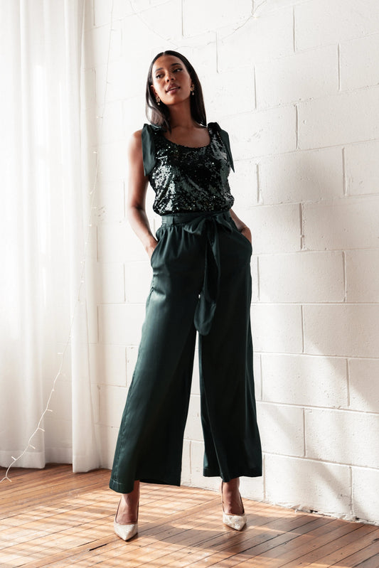 Sequin Scoop-Neck Satin Crop Top