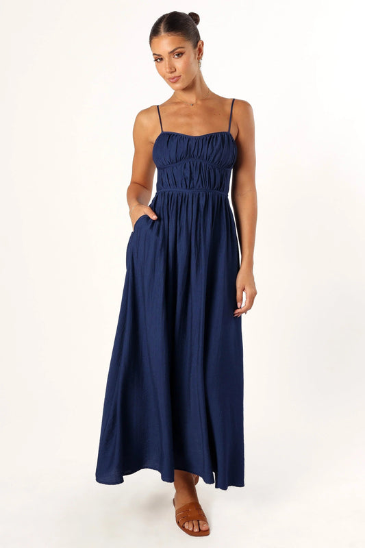 Shirred Sweetheart Pull-On Midi Dress