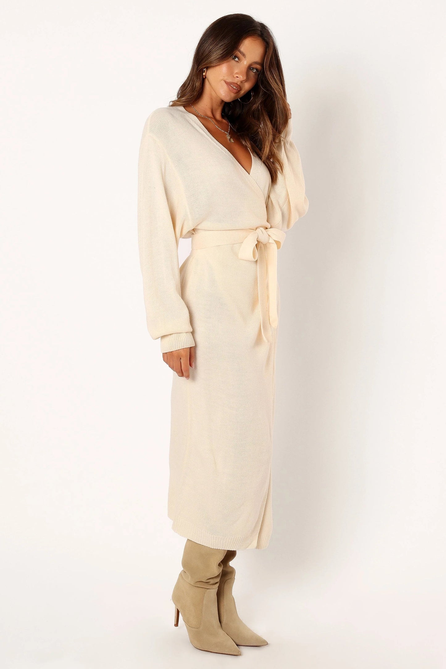 Wrap-Front Knit V-Neck Midi Dress